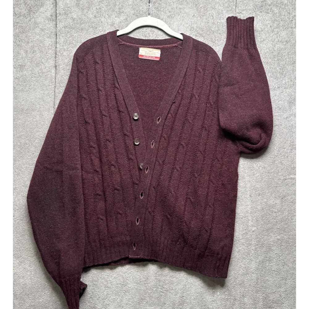 Vtg 50s Jantzen Shetland Wool Mohair Cardigan XL Maroon Red Grandpa Cable Knit